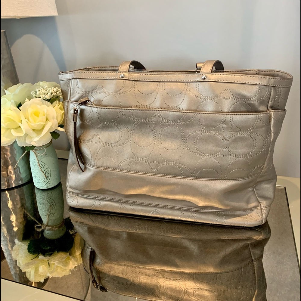 Coach Metallic Taupe Leather Tote/Diaper Bag - Picture 2 of 11